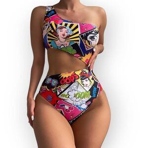 Womens Swimsuit Popart Sz XL Comic Print One Shoulder Connect 2 PC High Cut Swim